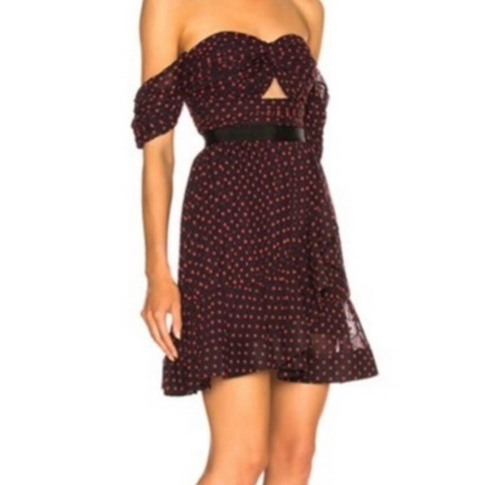 Self-Portrait Red and Black Polka Dot Plumetis Off Shoulder Mini Dress Size 2